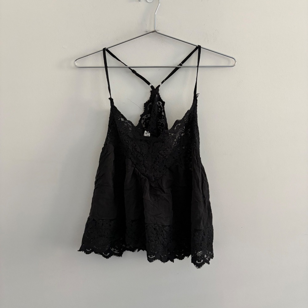 Free People Intimately Black Lace Trim Cami Tank Top Boho Coquette